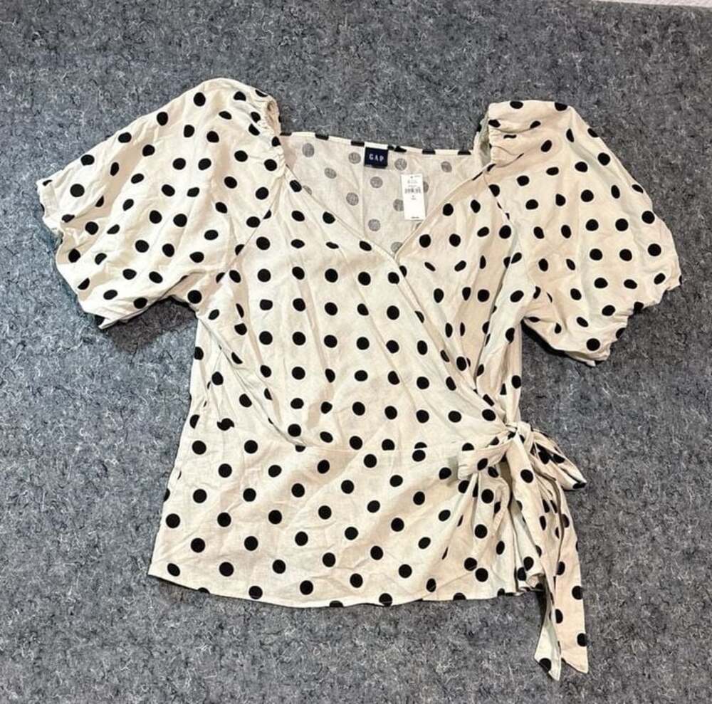 GAP Polka Dot Linen-Blend Puff Sleeve Wrap Top